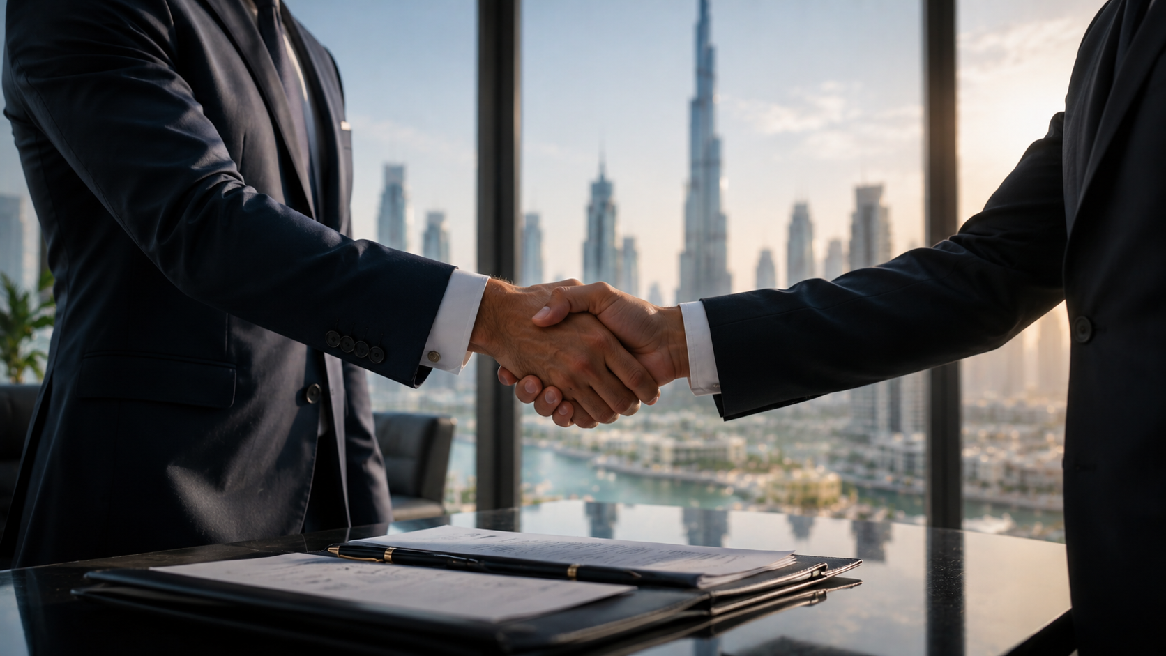Two business partners shake hands over a signed agreement with the Dubai skyline behind them