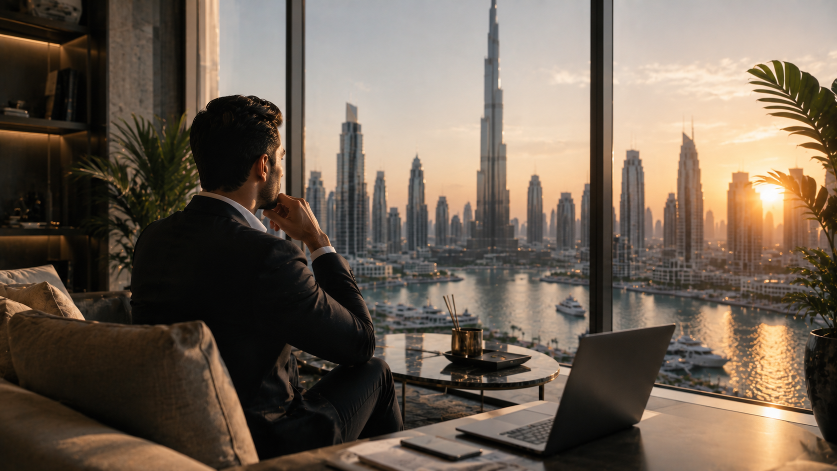 A businessman relaxes in a Dubai residence overlooking the skyline at sunset