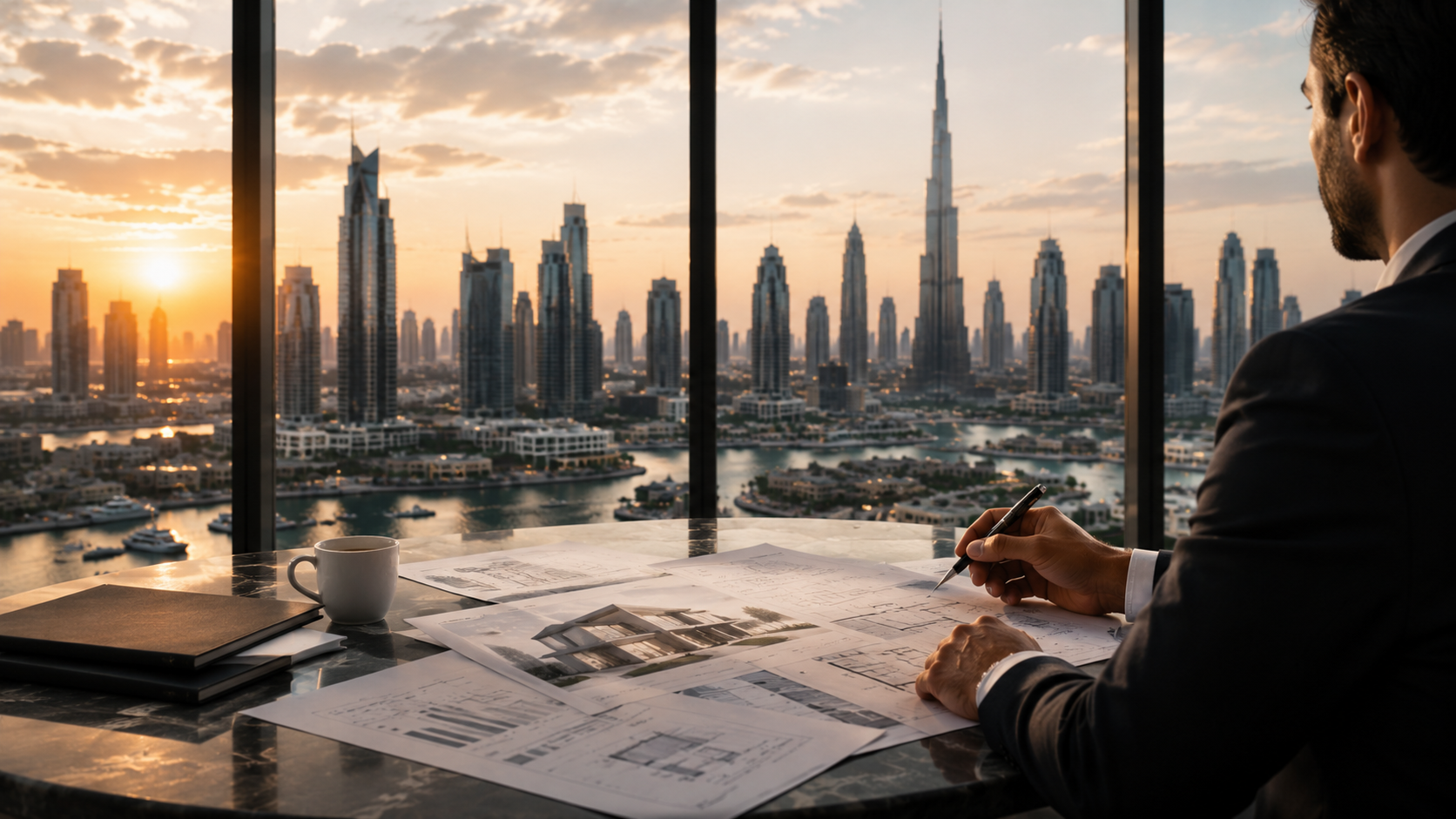A lender reviews property plans and financial documents overlooking the Dubai skyline