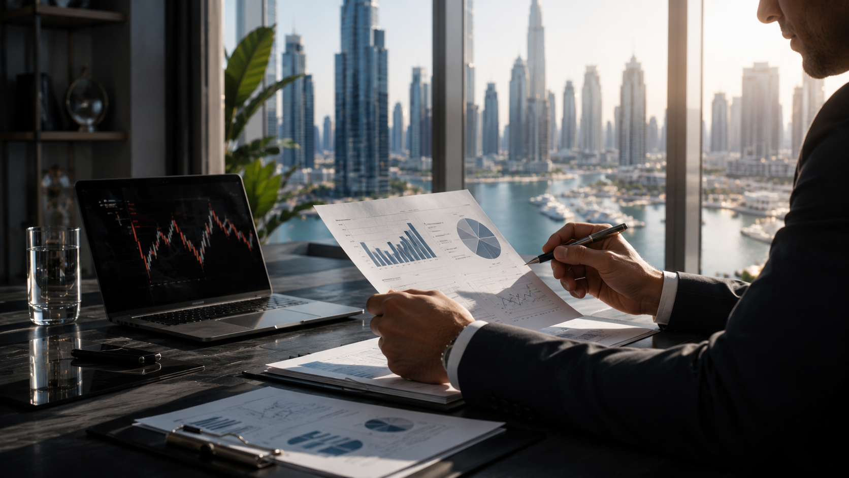 An investor reviews financial charts and reports overlooking the Dubai Marina