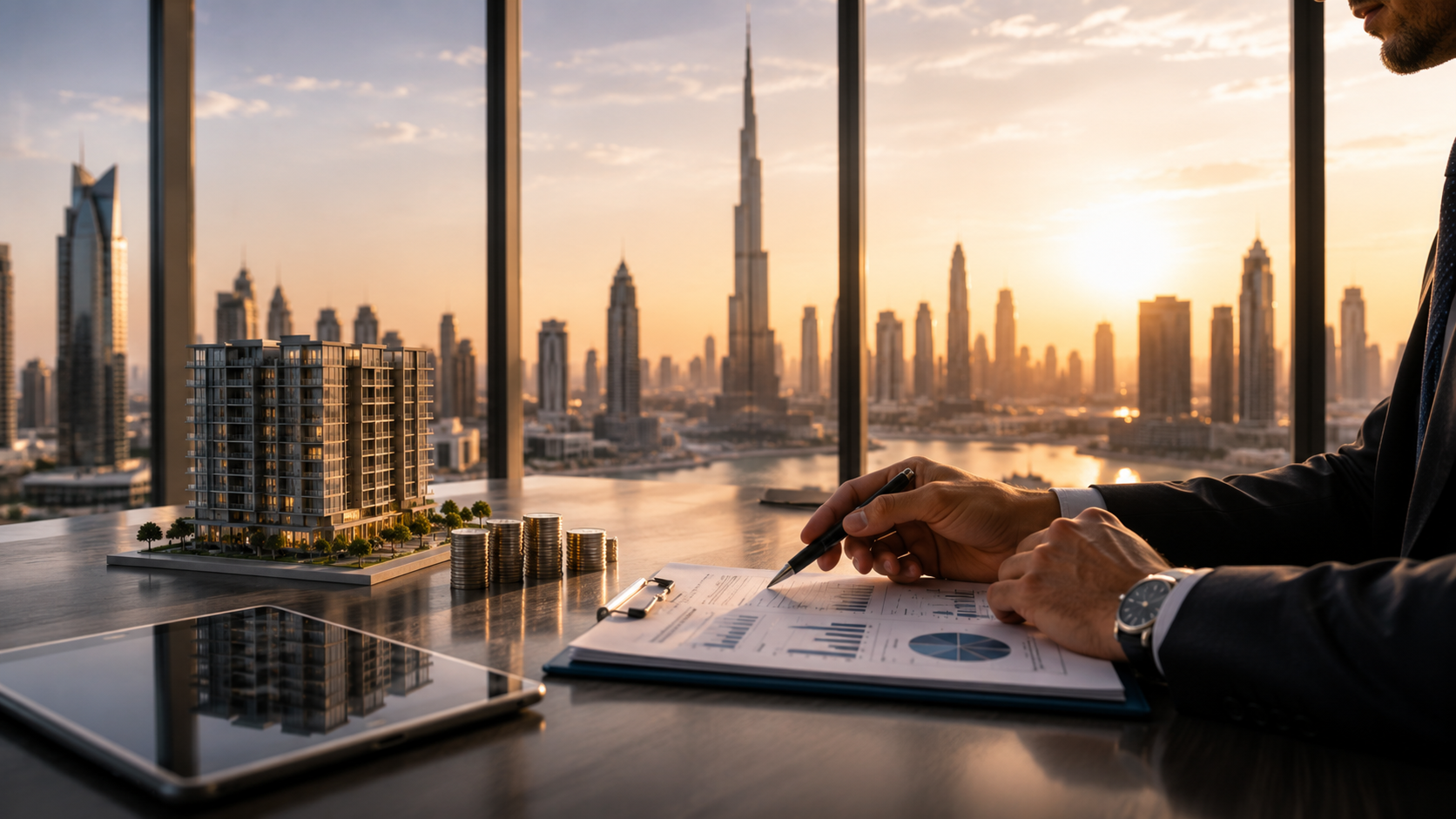 An investor reviews a property model, coins and performance charts