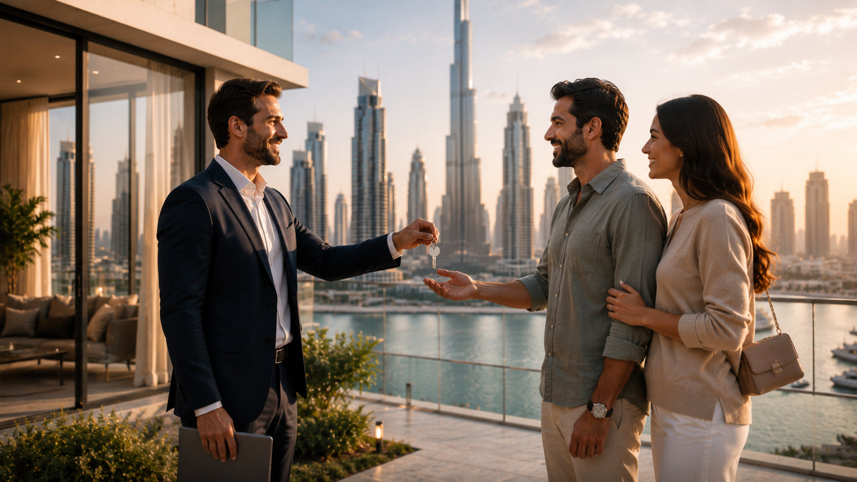 A real estate agent hands over keys to a smiling couple on a Dubai balcony