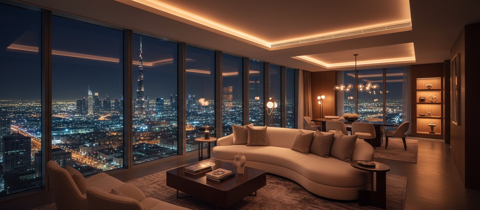 Modern living room interior with city skyline view at night