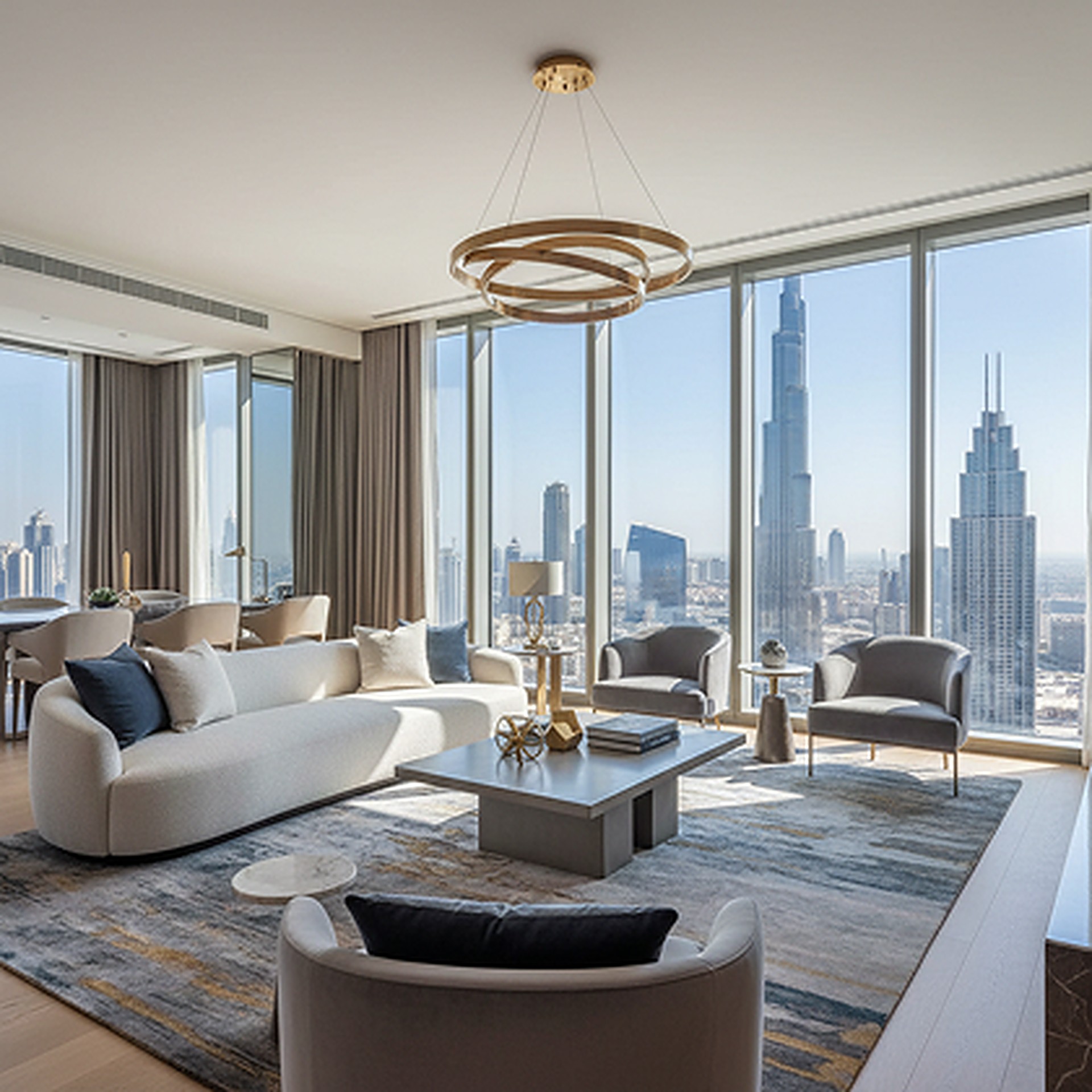 Modern living room overlooking the Dubai skyline