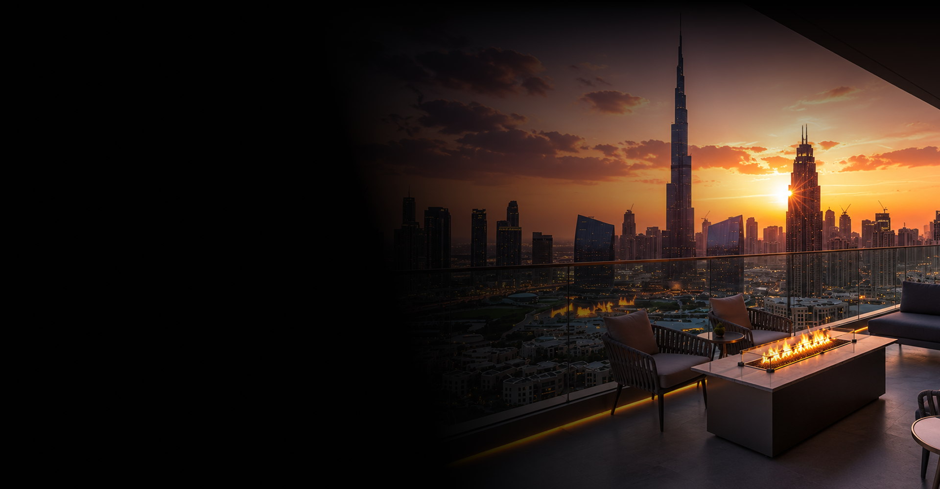 Dubai skyline at sunset from a rooftop terrace